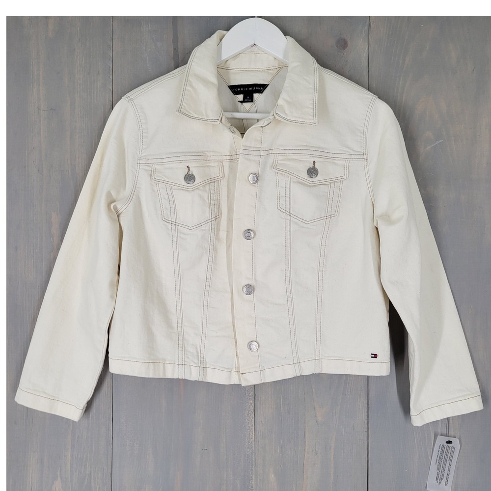 Tommy Hilfiger Denim Jacket Women Medium Natural Cream Button Front Stretch Crop